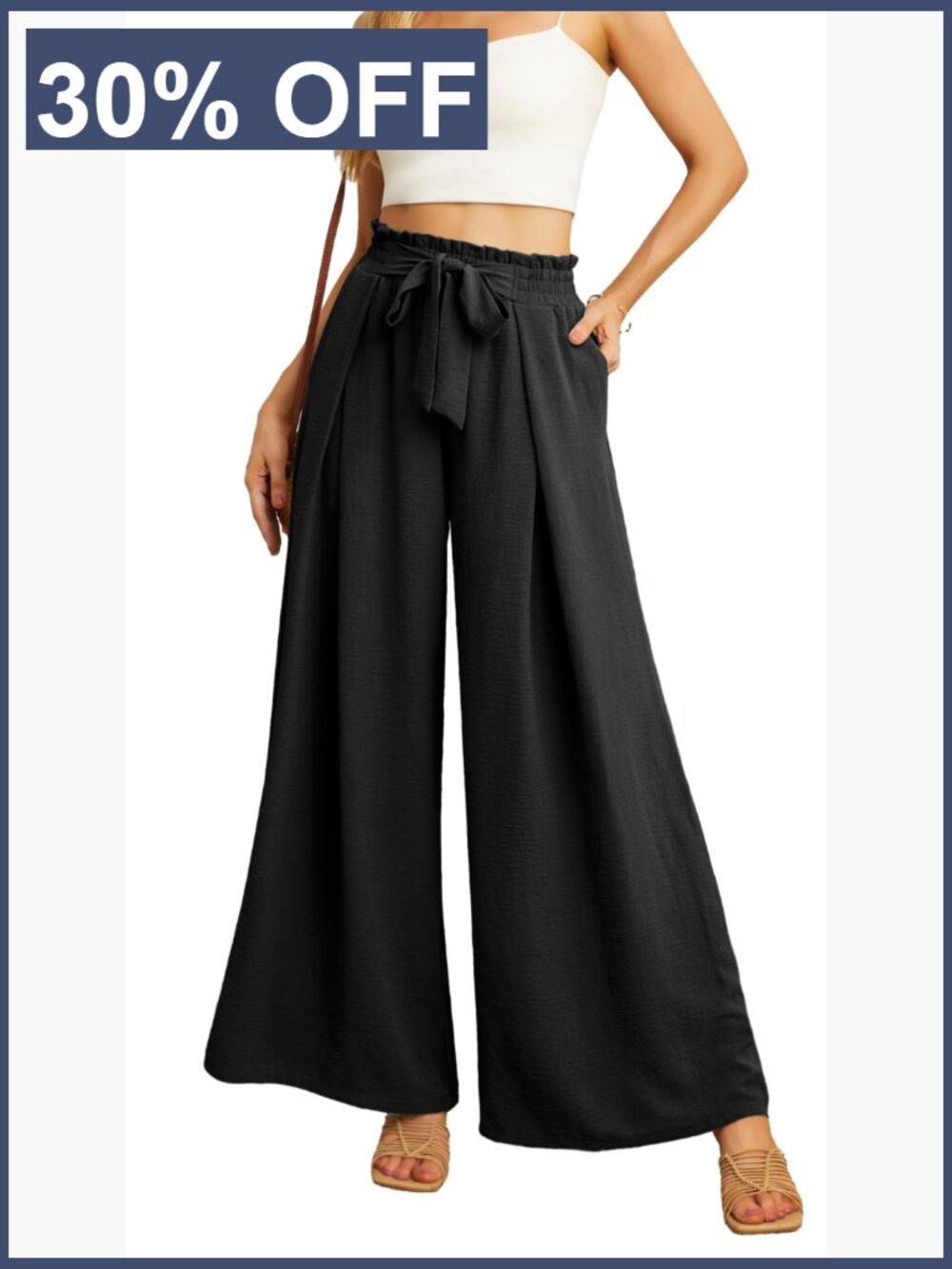 High Waisted Wide Leg Palazzo Pants with Pockets Flowy Tie Knot Trousers - Picture 6 of 7